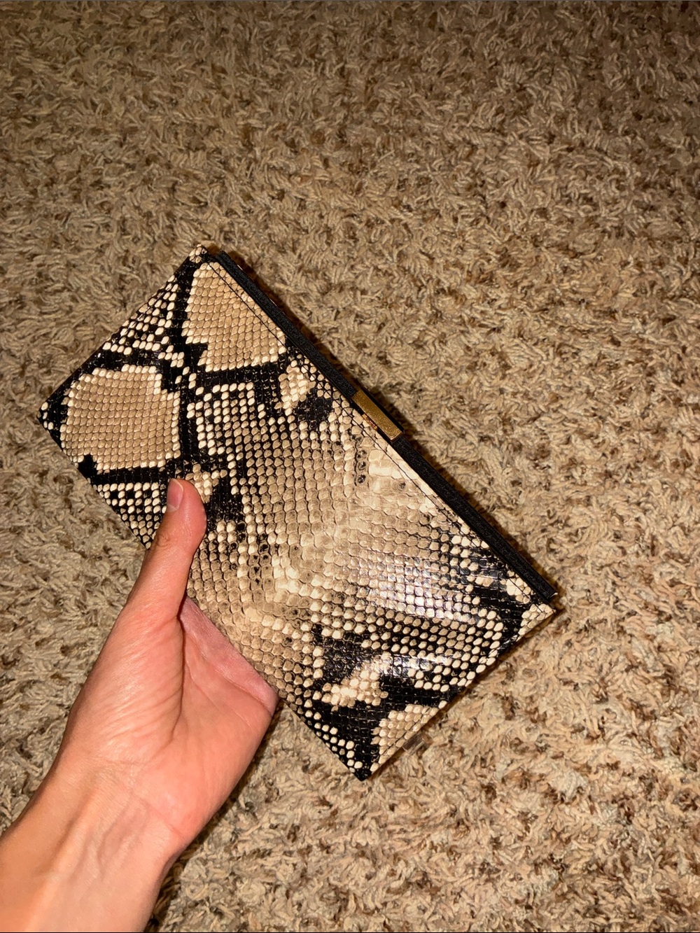 Python Print Zip Clutch Wallet in Beige and Black